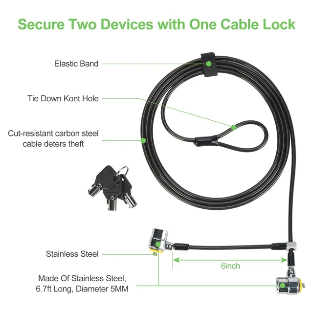 Alt view image 2 of 7 - Daul Head Twin Cable Lock Lock for LaptopsMonitor 3 Keys 6.7Foot Lock Two Devices At The Same Time