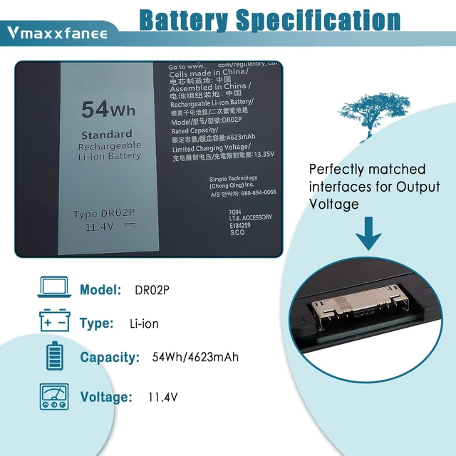 Alt view image 2 of 7 - DR02P R73TC Laptop Battery Replacement for Dell Latitude 5540 5440 Precision 3580 3590 3480 3490 Series DR02P 803W6 0803W6 2X1V9 02X1V9 54Wh 11.4V 4623mAh