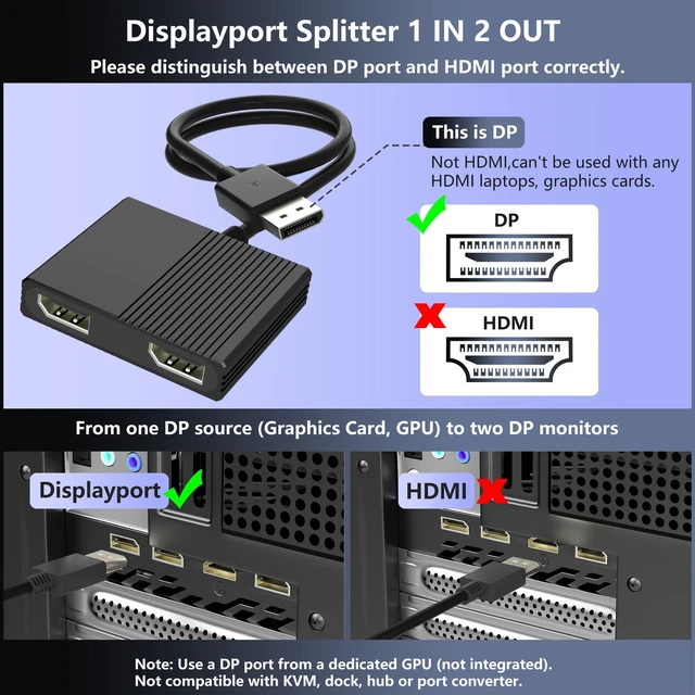 Alt view image 2 of 7 - Displayport MST Hub, 4K@120Hz Display Port Splitter for Dual Monitors, DP to Dual DP Adapter 1 in 2 Out, DisplayPort Splitter Extended Display, Monitor Splitter for Laptop, Desktop, Graphics Card