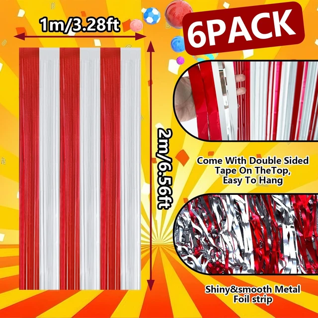 Alt view image 3 of 6 - Carnival Circus Theme Red and White Foil Fringe Curtain Backdrop, 6 Pack Carnival Circus Party Decorations Metallic Tinsel Photo Booth Streamers for Carnival Birthday Decor