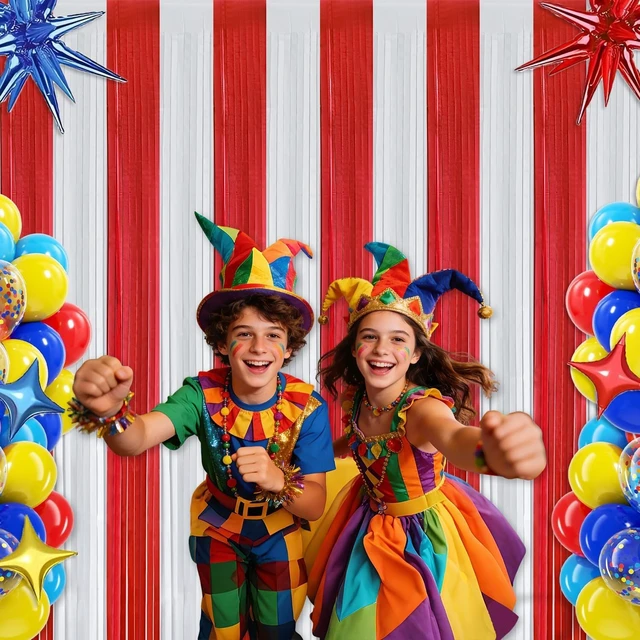 Alt view image 4 of 6 - Carnival Circus Theme Red and White Foil Fringe Curtain Backdrop, 6 Pack Carnival Circus Party Decorations Metallic Tinsel Photo Booth Streamers for Carnival Birthday Decor