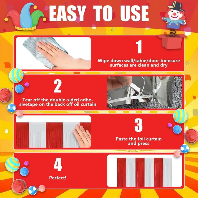 Alt view image 6 of 6 - Carnival Circus Theme Red and White Foil Fringe Curtain Backdrop, 6 Pack Carnival Circus Party Decorations Metallic Tinsel Photo Booth Streamers for Carnival Birthday Decor