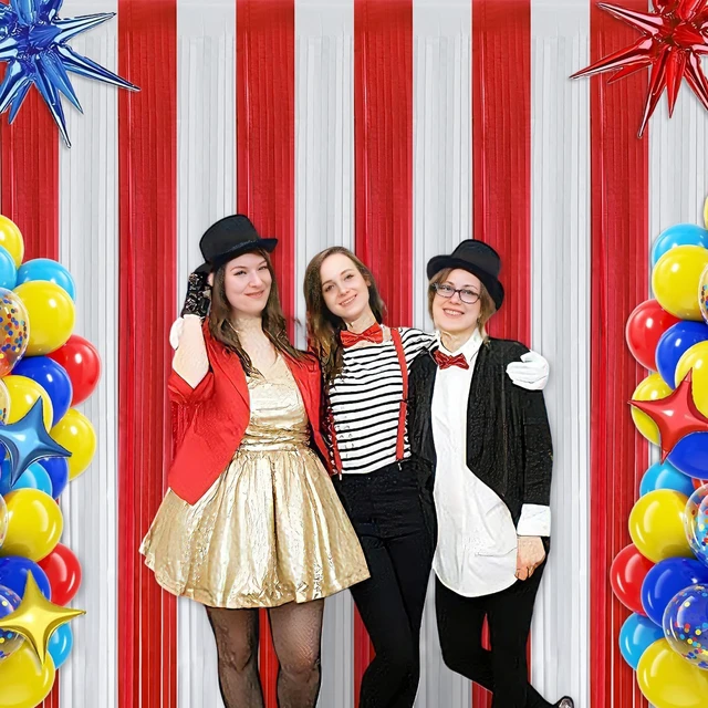 Alt view image 5 of 6 - Carnival Circus Theme Red and White Foil Fringe Curtain Backdrop, 6 Pack Carnival Circus Party Decorations Metallic Tinsel Photo Booth Streamers for Carnival Birthday Decor