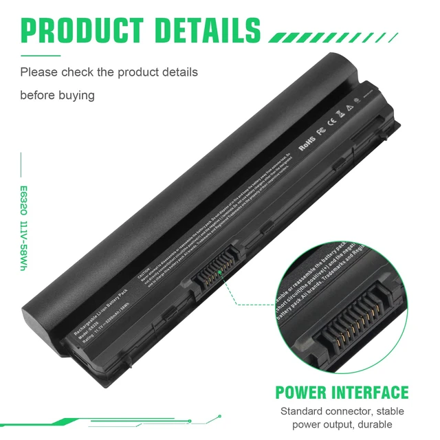 Alt view image 7 of 7 - New Laptop Battery for Dell Latitude E6120 E6220 E6230 E6320 E6330 E6430S,Fits P/N:312-1239 312-1241 312-1381 312-1446 451-11980 NGXCJ RFJMW,5200mAh 6Cells