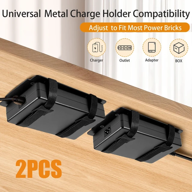 Alt view image 2 of 7 - 2 Pcs Universal Metal Laptop Charger Holder, Adjustable Under Desk Power Brick Mount Organizer for Charging Bricks & Cables Space Saving Power Adapters Mount, Secure Supply Holder for Chargers,Black