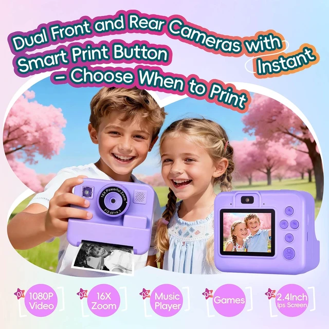 Alt view image 2 of 7 - Kids Instant Print Camera with DIY Journal Kit 1080P Selfie Digital Camera for Girls & Boys Ages 3-12, 200+ Accessories, Christmas & Birthday Gifts (Purple)