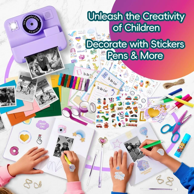 Alt view image 3 of 7 - Kids Instant Print Camera with DIY Journal Kit 1080P Selfie Digital Camera for Girls & Boys Ages 3-12, 200+ Accessories, Christmas & Birthday Gifts (Purple)