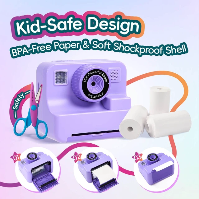 Alt view image 4 of 7 - Kids Instant Print Camera with DIY Journal Kit 1080P Selfie Digital Camera for Girls & Boys Ages 3-12, 200+ Accessories, Christmas & Birthday Gifts (Purple)