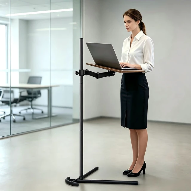 Alt view image 3 of 7 - Adjustable Laptop Stand Floor, Height Adjustable Portable Desk with Tilting Tabletop, Walnut Brown (Walnut)