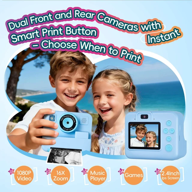 Alt view image 2 of 7 - Kids Instant Print Camera with DIY Journal Kit 1080P Selfie Digital Camera for Girls & Boys Ages 3-12, 200+ Accessories, Christmas & Birthday Gifts (Blue)