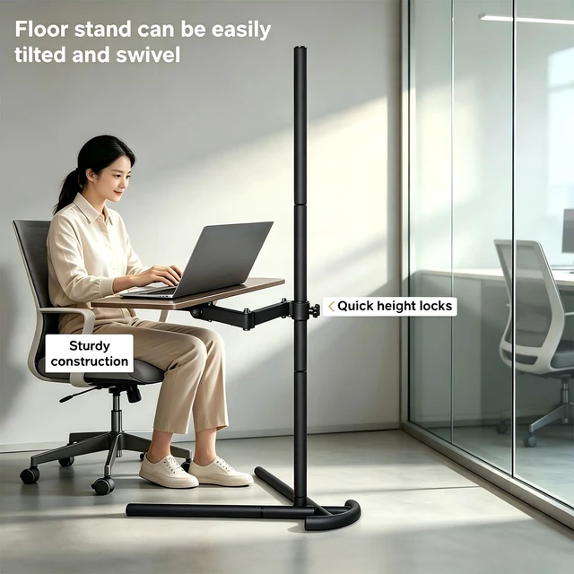 Alt view image 4 of 7 - Adjustable Laptop Stand Floor, Height Adjustable Portable Desk with Tilting Tabletop, Walnut Brown (Walnut)