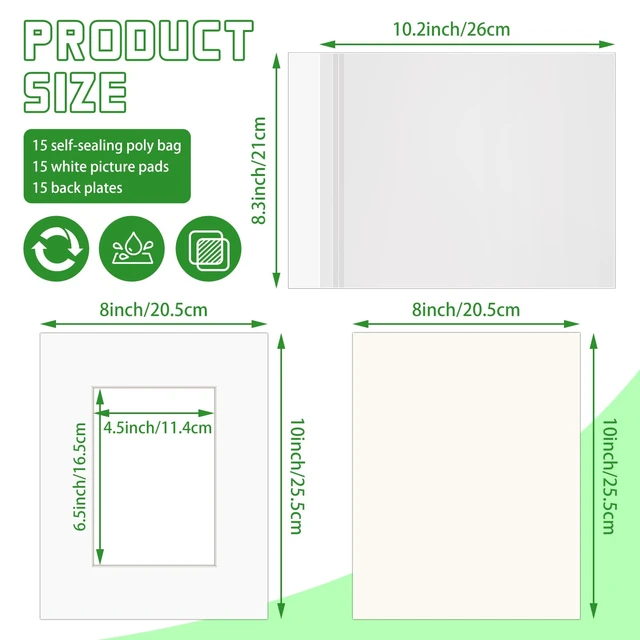 Alt view image 2 of 7 - 15 Set 8x10 White Picture Mats with Backing Boards and Bags for 5x7 Pictures, Frame Mattes Display Photo Paper Mat with Core Bevel Cut Clear Plastic Sleeves for Photos Paintings Prints