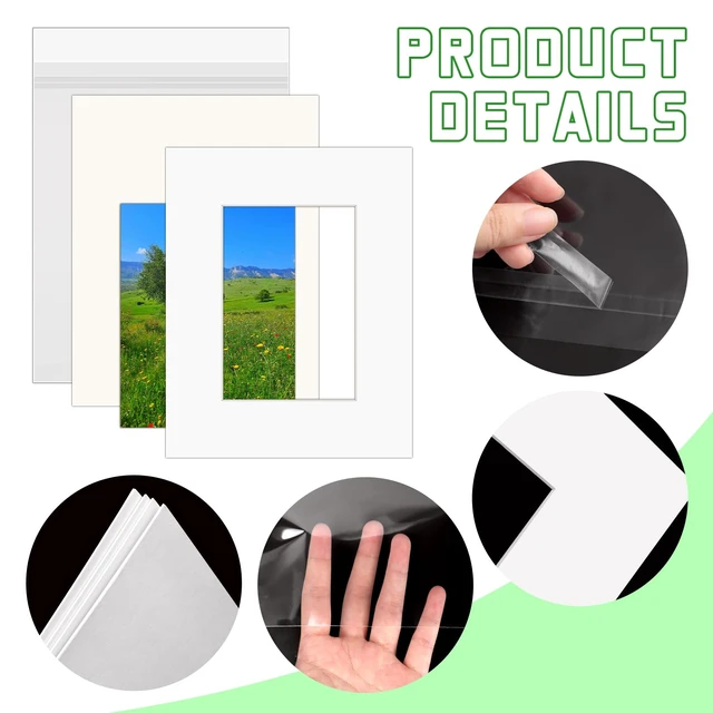 Alt view image 3 of 7 - 15 Set 8x10 White Picture Mats with Backing Boards and Bags for 5x7 Pictures, Frame Mattes Display Photo Paper Mat with Core Bevel Cut Clear Plastic Sleeves for Photos Paintings Prints