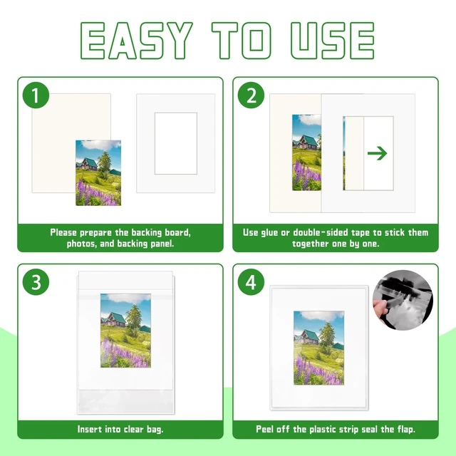 Alt view image 6 of 7 - 15 Set 8x10 White Picture Mats with Backing Boards and Bags for 5x7 Pictures, Frame Mattes Display Photo Paper Mat with Core Bevel Cut Clear Plastic Sleeves for Photos Paintings Prints