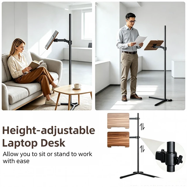 Alt view image 5 of 7 - Adjustable Laptop Stand Floor, Height Adjustable Portable Desk with Tilting Tabletop, Walnut Brown (Walnut)