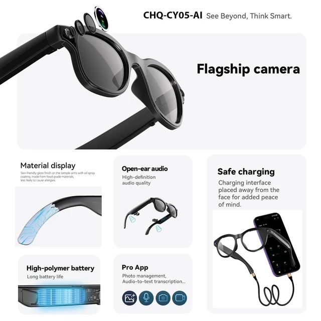 Alt view image 2 of 7 - AI Smart Glasses with Camera,8MP Camera Glasses,1200P Video Record Glasses Real Time Translation,AI Assistant,Object Recognition,Open-Ear Audio,Bluetooth,Replaceable Sunglasses Lenses for Men Women