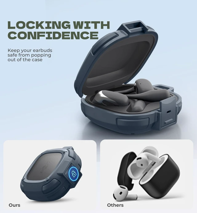 Alt view image 3 of 6 - for Shokz OpenFit 2 Case with Drop-Proof Lock, Shockproof Rugged Bumper Cases Protective Cover with Carabiner & Keyring & Cleaner Kit for Shokz OpenFit 2 (2025) Blue