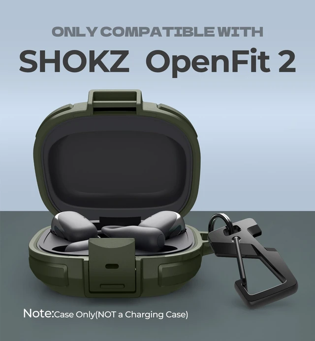 Alt view image 2 of 6 - for Shokz OpenFit 2 Case with Drop-Proof Lock, Shockproof Rugged Bumper Cases Protective Cover with Carabiner & Keyring & Cleaner Kit for Shokz OpenFit 2 (2025) Green