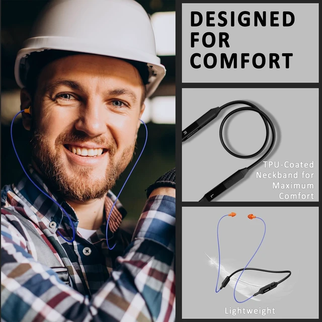 Alt view image 3 of 7 - Bluetooth Earplug Headphones for Work, Replacement Buds, 30H Battery 29 dB Noise Reduction Ear Protection, OSHA Compliant, Extra Pair Included, for Safety in Noisy Workplaces, Neckband Earbuds