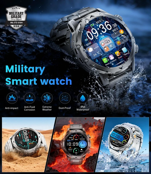 Alt view image 4 of 7 - 1.53'' Smart Watches for Men with 1000mAh Battery/Flashlight, Military Smart Watch with 120+ Sports Modes, Heart Rate/Sleep Monitor/IP68 Waterproof, Fitness Tracker for Android iOS, Black