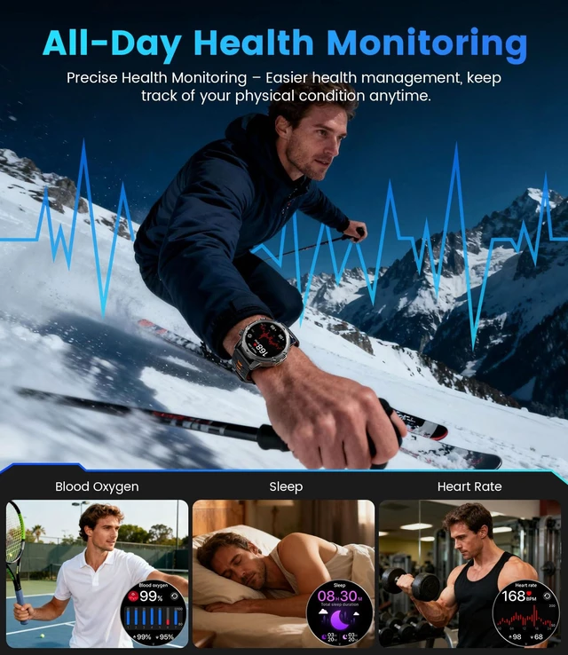 Alt view image 7 of 7 - 1.53'' Smart Watches for Men with 1000mAh Battery/Flashlight, Military Smart Watch with 120+ Sports Modes, Heart Rate/Sleep Monitor/IP68 Waterproof, Fitness Tracker for Android iOS, Black