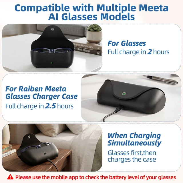 Alt view image 4 of 7 - Portable AI Glasses Charging Case Compatible with Rai-Ben Meeta Gen1/Gen2 3000mAh Battery with LED Display - Replacement Smart Charger Case for Raiben Meeta Oakley Meta HSTN/Wayfanen/Skyler/Headline