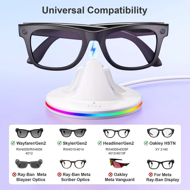 Alt view image 2 of 7 - Charging Dock for Meta Glasses Ray-Ban: Wayfarer, Skyler, Headliner & Oakley HSTN Smart Glasses Charger with LED Power Status Light, Cloud Dancer White