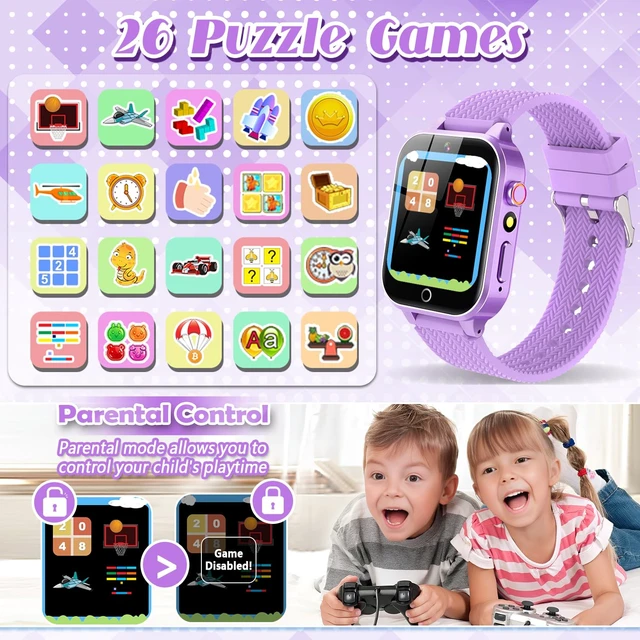 Alt view image 4 of 7 - Kids Smart Watches for Girls Ages 3-12 with 2 HD Screen Protector Gifts 26 Puzzle Games, HD Video Selfie Camera, Rugged Metal Case Shockproof, Music Player, Learning Cards Non-slip Adjustable Band