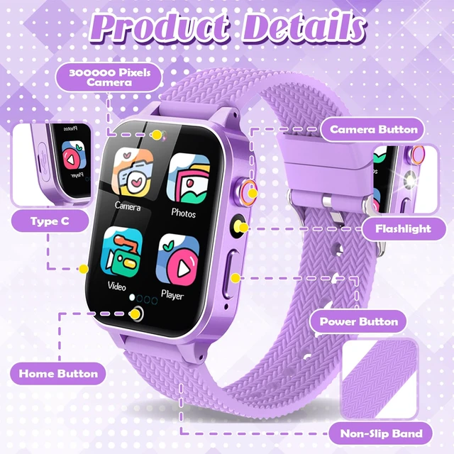 Alt view image 7 of 7 - Kids Smart Watches for Girls Ages 3-12 with 2 HD Screen Protector Gifts 26 Puzzle Games, HD Video Selfie Camera, Rugged Metal Case Shockproof, Music Player, Learning Cards Non-slip Adjustable Band