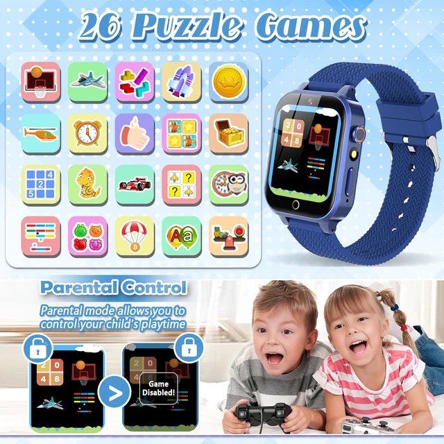 Alt view image 4 of 7 - Kids Smart Watch for Boys Ages 3-12 with 2 HD Screen Protector Game Watch 26 Puzzle Games, HD Video Selfie Camera, Rugged Metal Case Shockproof, Music Player, Learning Cards, Non-slip Adjustable Band