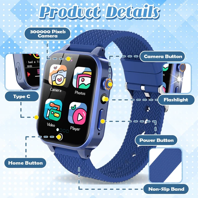 Alt view image 7 of 7 - Kids Smart Watch for Boys Ages 3-12 with 2 HD Screen Protector Game Watch 26 Puzzle Games, HD Video Selfie Camera, Rugged Metal Case Shockproof, Music Player, Learning Cards, Non-slip Adjustable Band