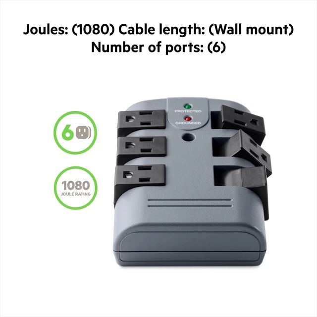 Alt view image 6 of 6 - Power Strip Surge Protector - 6 Rotating AC Multiple Outlets, Flat Pivot Plug - Heavy Duty Wall Outlet Extender for Home, Office, Travel, Computer Desktop & Phone Charging Brick (1,080 Joules)