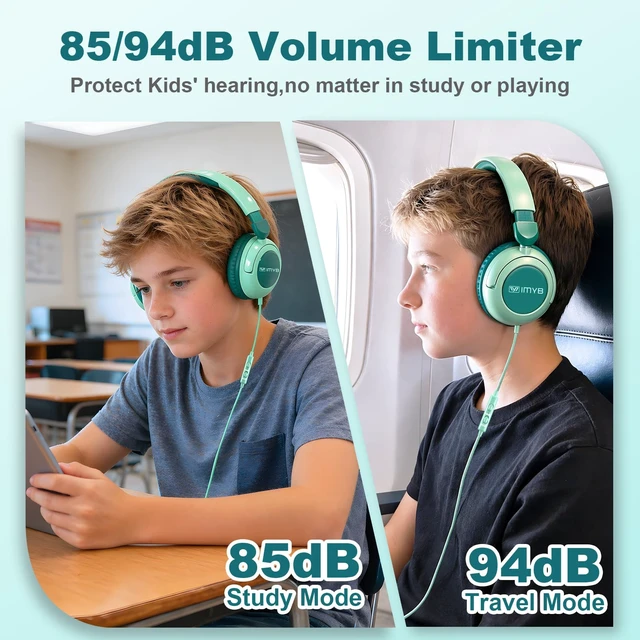 Alt view image 2 of 7 - Kids Headphones for School, Wired HD Mic 3-15 Year for Girls Boys (Green) 85/94dB Volume Limit Safe Over-Ear Toddlers Durable Foldable Cord for iPad Tablet PC, Travel Airplane (Blue)