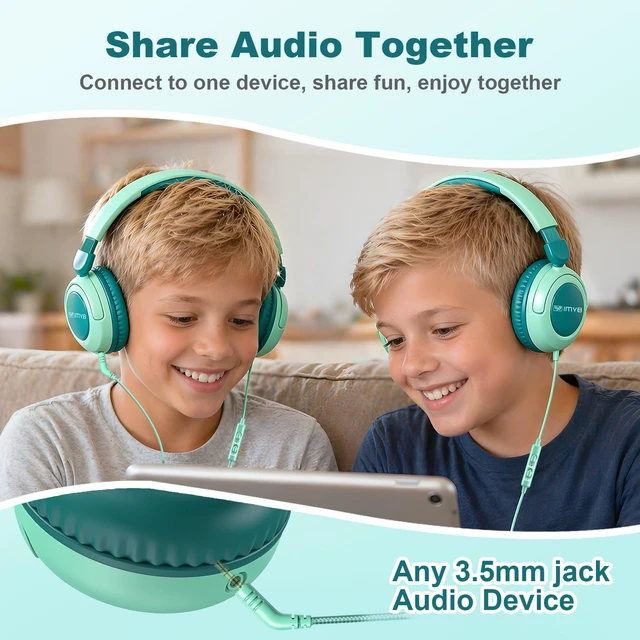 Alt view image 4 of 7 - Kids Headphones for School, Wired HD Mic 3-15 Year for Girls Boys (Green) 85/94dB Volume Limit Safe Over-Ear Toddlers Durable Foldable Cord for iPad Tablet PC, Travel Airplane (Blue)