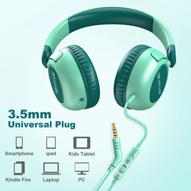 Alt view image 5 of 7 - Kids Headphones for School, Wired HD Mic 3-15 Year for Girls Boys (Green) 85/94dB Volume Limit Safe Over-Ear Toddlers Durable Foldable Cord for iPad Tablet PC, Travel Airplane (Blue)