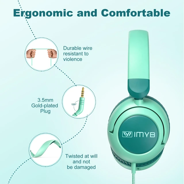 Alt view image 6 of 7 - Kids Headphones for School, Wired HD Mic 3-15 Year for Girls Boys (Green) 85/94dB Volume Limit Safe Over-Ear Toddlers Durable Foldable Cord for iPad Tablet PC, Travel Airplane (Blue)