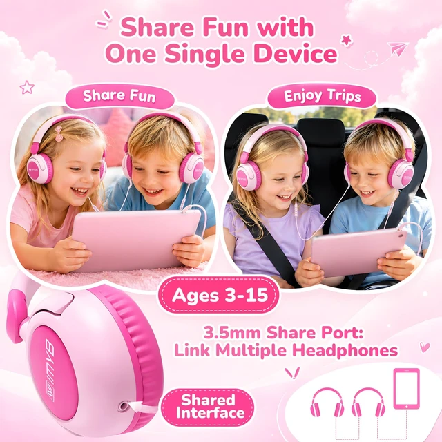 Alt view image 2 of 7 - Kids Headphones for School, Wired HD Mic 3-15 Year for Girls Boys (Pink) 85/94dB Volume Limit Safe Over-Ear Toddlers Durable Foldable Cord for iPad Tablet PC, Travel Airplane (Blue)