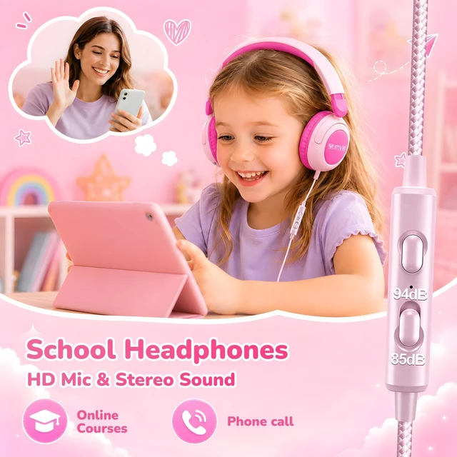 Alt view image 3 of 7 - Kids Headphones for School, Wired HD Mic 3-15 Year for Girls Boys (Pink) 85/94dB Volume Limit Safe Over-Ear Toddlers Durable Foldable Cord for iPad Tablet PC, Travel Airplane (Blue)
