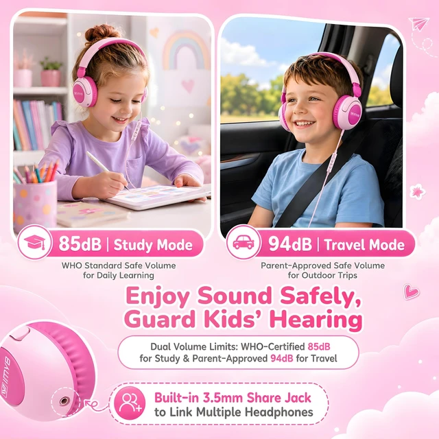 Alt view image 4 of 7 - Kids Headphones for School, Wired HD Mic 3-15 Year for Girls Boys (Pink) 85/94dB Volume Limit Safe Over-Ear Toddlers Durable Foldable Cord for iPad Tablet PC, Travel Airplane (Blue)