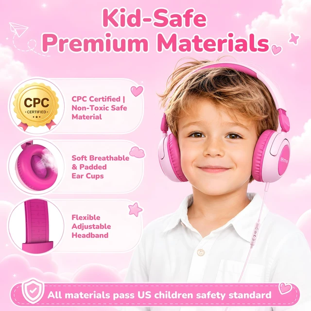 Alt view image 5 of 7 - Kids Headphones for School, Wired HD Mic 3-15 Year for Girls Boys (Pink) 85/94dB Volume Limit Safe Over-Ear Toddlers Durable Foldable Cord for iPad Tablet PC, Travel Airplane (Blue)