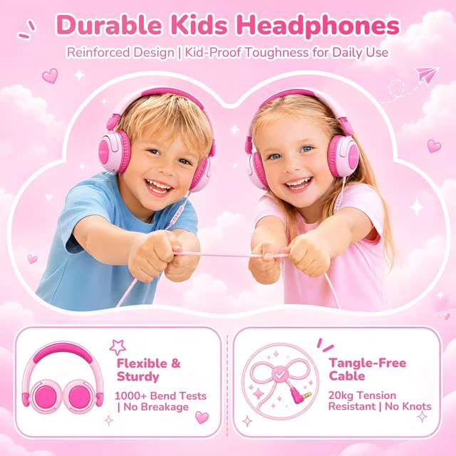 Alt view image 7 of 7 - Kids Headphones for School, Wired HD Mic 3-15 Year for Girls Boys (Pink) 85/94dB Volume Limit Safe Over-Ear Toddlers Durable Foldable Cord for iPad Tablet PC, Travel Airplane (Blue)