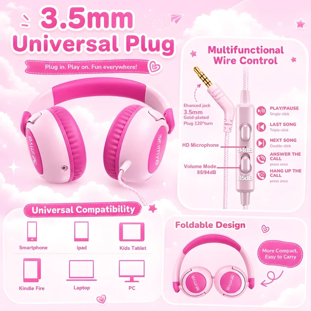 Alt view image 6 of 7 - Kids Headphones for School, Wired HD Mic 3-15 Year for Girls Boys (Pink) 85/94dB Volume Limit Safe Over-Ear Toddlers Durable Foldable Cord for iPad Tablet PC, Travel Airplane (Blue)