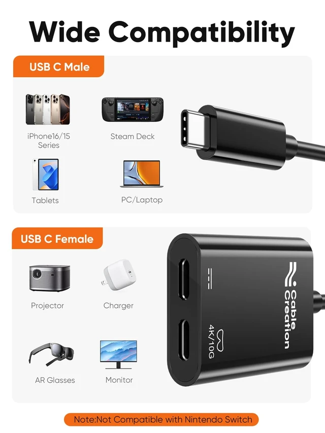 Alt view image 7 of 7 - USB C to AR Glasses and Charging Adapter, Charge and Play 4K@60Hz/1080P@120Hz,100W Fast Charging, Compatible with Steam Deck/ROG Ally/Phone15/16/Viture/Rokid/Xreal AR Glasses