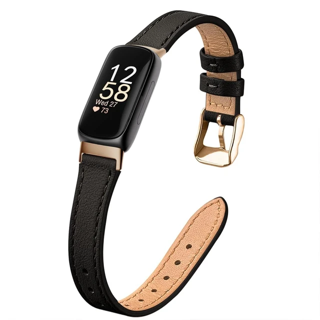 Main image of Slim Leather Band Compatible with Fitbit Inspire 3 Bands,Black/Rose Gold Top Grain Genuine Leather,Strap,Thin,Wristband,for Fitbit Inspire 3,Women
