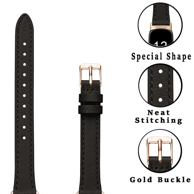 Alt view image 2 of 6 - Slim Leather Band Compatible with Fitbit Inspire 3 Bands,Black/Rose Gold Top Grain Genuine Leather,Strap,Thin,Wristband,for Fitbit Inspire 3,Women