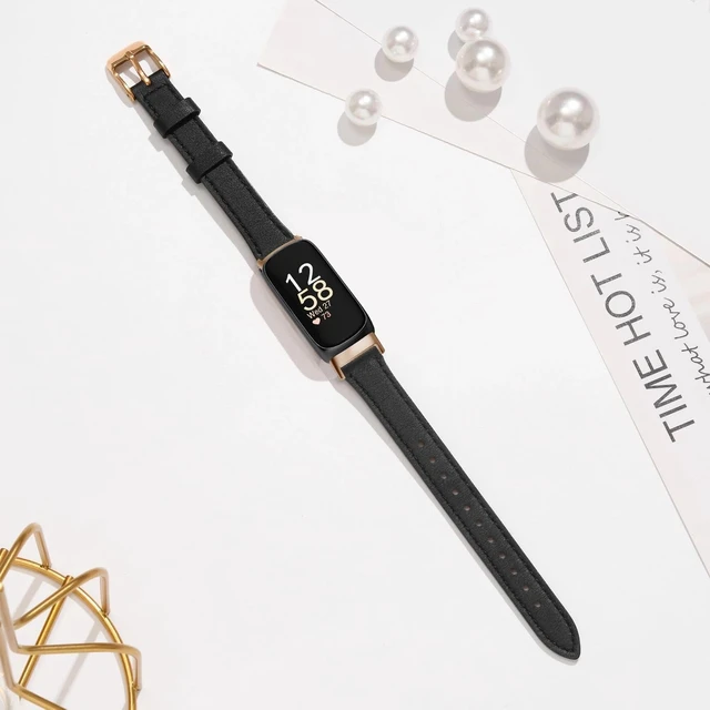 Alt view image 4 of 6 - Slim Leather Band Compatible with Fitbit Inspire 3 Bands,Black/Rose Gold Top Grain Genuine Leather,Strap,Thin,Wristband,for Fitbit Inspire 3,Women