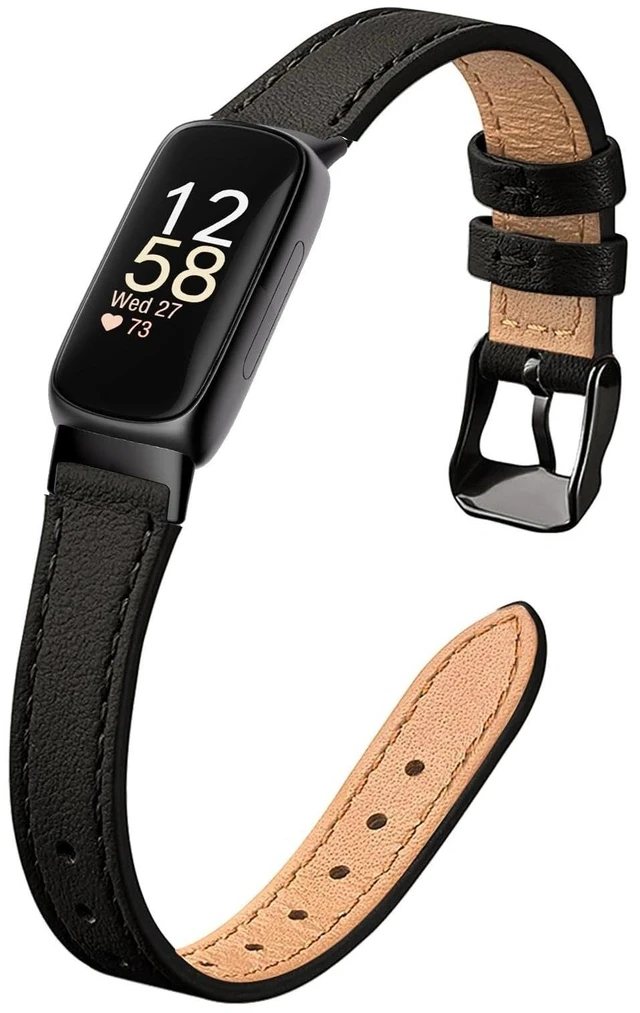 Main image of Slim Leather Band Compatible with Fitbit Inspire 3 Bands,Black Top Grain Genuine Leather,Strap,Thin,Wristband,for Fitbit Inspire 3,Women