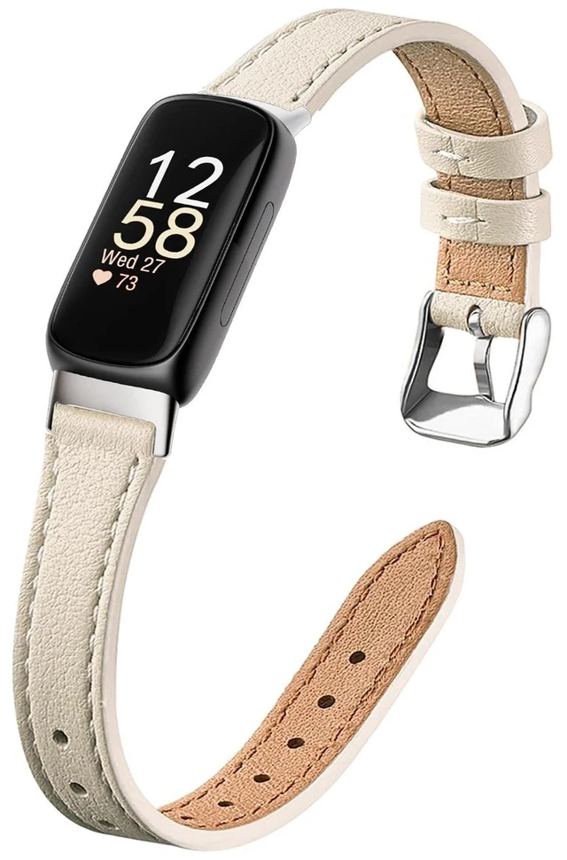 Main image of Slim Leather Band Compatible with Fitbit Inspire 3 Bands,Beige/Silver Top Grain Genuine Leather,Strap,Thin,Wristband,for Fitbit Inspire 3,Women