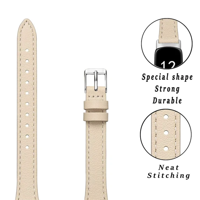Alt view image 2 of 5 - Slim Leather Band Compatible with Fitbit Inspire 3 Bands,Beige/Silver Top Grain Genuine Leather,Strap,Thin,Wristband,for Fitbit Inspire 3,Women