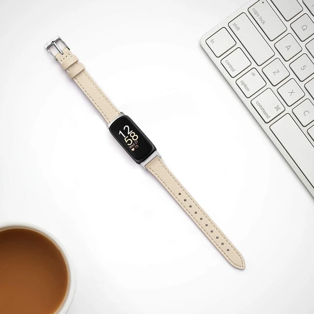 Alt view image 5 of 5 - Slim Leather Band Compatible with Fitbit Inspire 3 Bands,Beige/Silver Top Grain Genuine Leather,Strap,Thin,Wristband,for Fitbit Inspire 3,Women